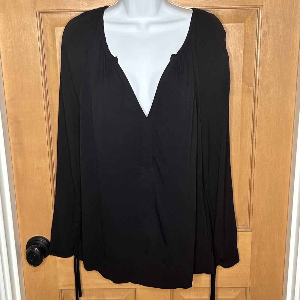 J Crew V-Neck Blouse L Black Ruched Sleeves Pleats Minimalist Capsule J6240